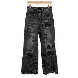 Ditch LA Mens Black Distressed Flare Leg Baggy Jeans 30x30 Streetwear Grunge Y2K